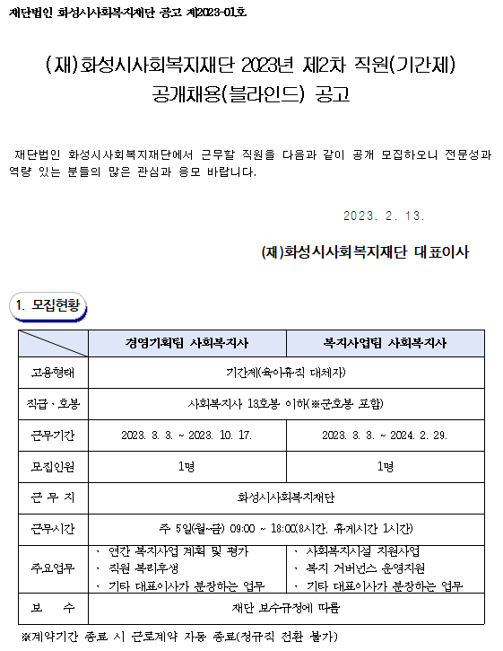 (재)화성시사회복지재단 2023년 제2차 직원(기간제) 공개채용(블라인드) 공고