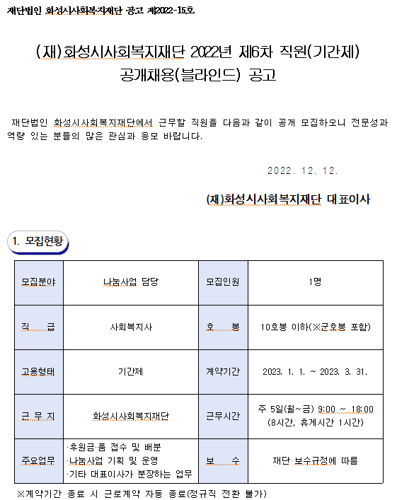 (재)화성시사회복지재단 2022년 제6차 직원(기간제) 공개채용(블라인드) 공고