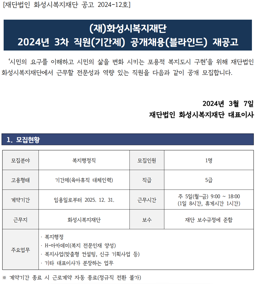 (재)화성시복지재단 2024년 3차 직원(기간제) 공개채용(블라인드) 재공고