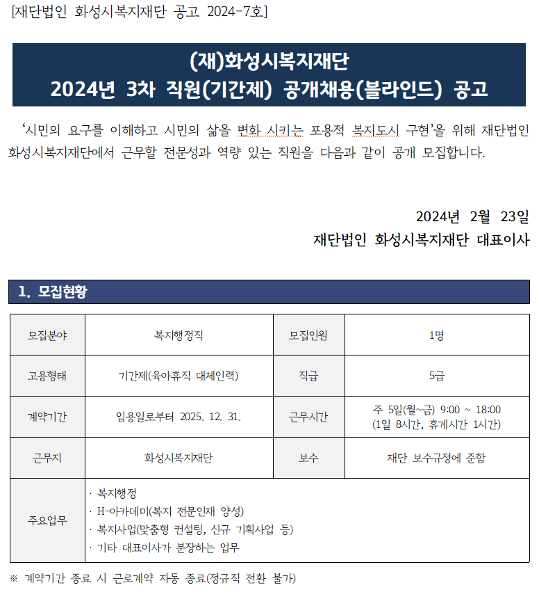 (재)화성시복지재단 2024년 3차 직원(기간제) 공개채용(블라인드) 공고