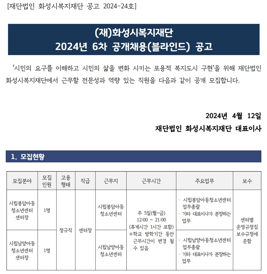 (재)화성시복지재단 2024년 6차 직원 공개채용(블라인드) 공고