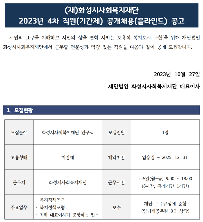 (재)화성시사회복지재단 2023년 4차 직원(기간제) 공개채용(블라인드) 공고