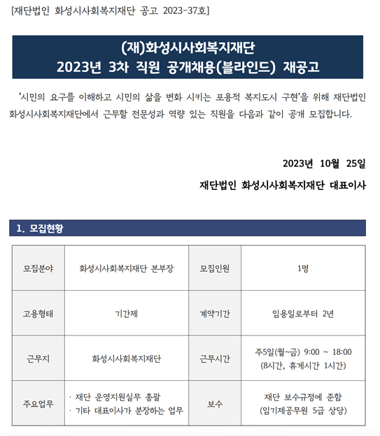 (재)화성시사회복지재단 2023년 3차 직원 공개채용(블라인드) 재공고