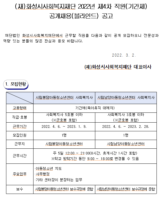 (재)화성시사회복지재단 2022년 제4차 직원(기간제) 공개채용(블라인드) 공고